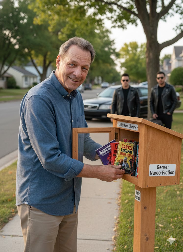 Tan Peluski stocking a little library with Narcos books